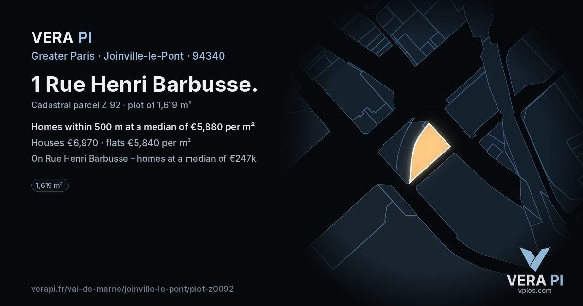 1 Rue Henri Barbusse, Joinville-le-Pont at night – the plot lit, the parcels around coloured by the prices near them