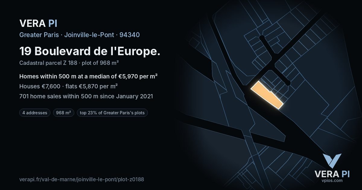 19 Boulevard de l'Europe, Joinville-le-Pont at night – the plot lit, the parcels around coloured by the prices near them