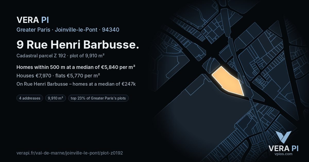 9 Rue Henri Barbusse, Joinville-le-Pont at night – the plot lit, the parcels around coloured by the prices near them