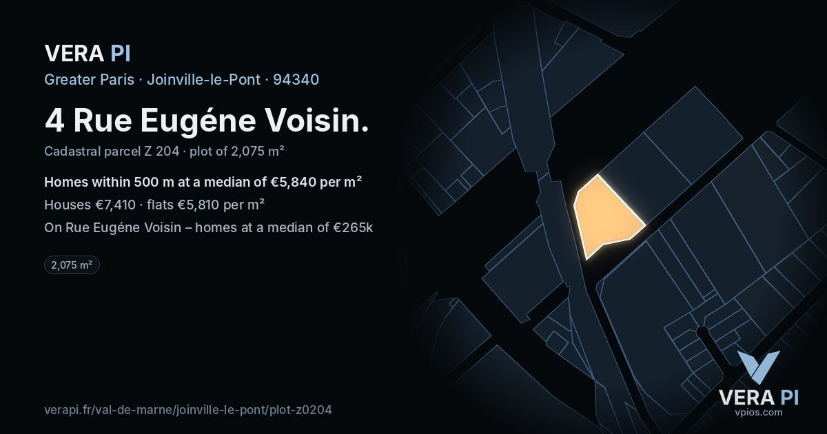 4 Rue Eugéne Voisin, Joinville-le-Pont at night – the plot lit, the parcels around coloured by the prices near them