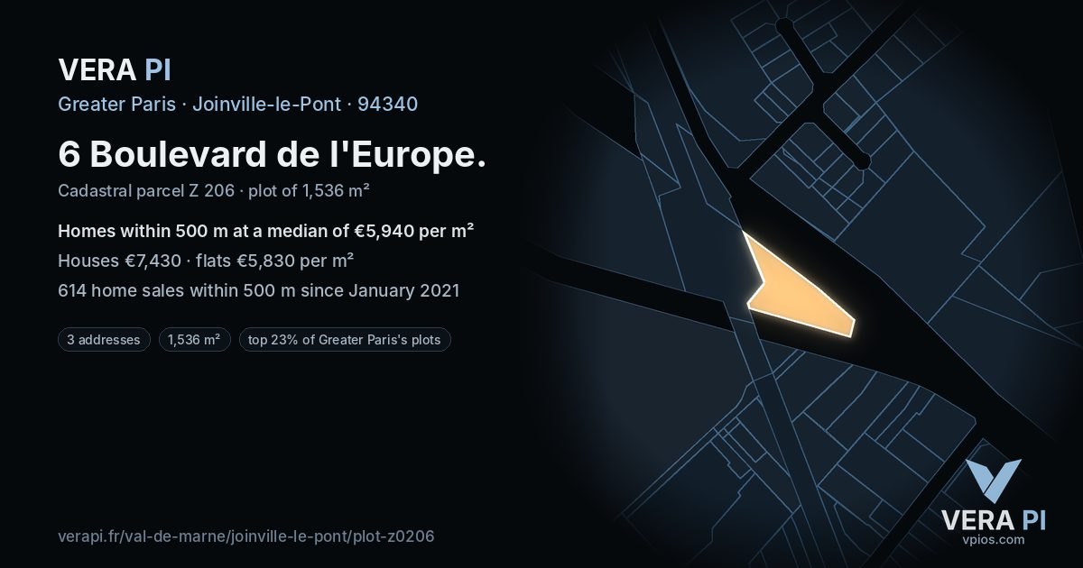 6 Boulevard de l'Europe, Joinville-le-Pont at night – the plot lit, the parcels around coloured by the prices near them