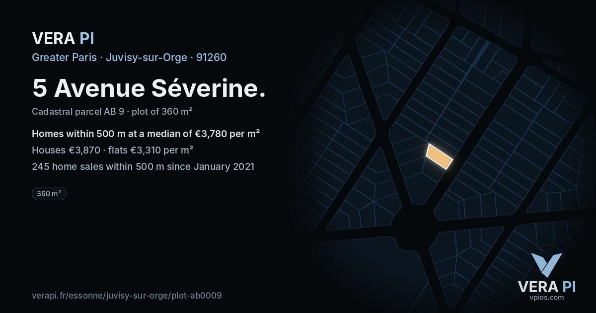 5 Avenue Séverine, Juvisy-sur-Orge at night – the plot lit, the parcels around coloured by the prices near them
