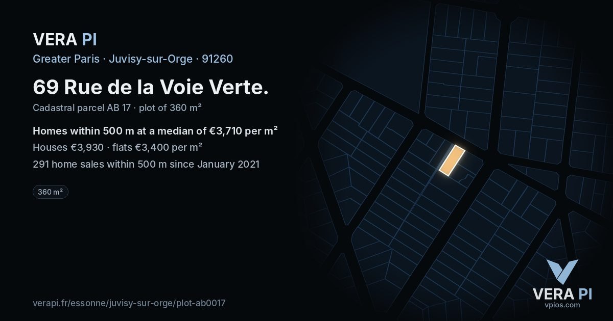 69 Rue de la Voie Verte, Juvisy-sur-Orge at night – the plot lit, the parcels around coloured by the prices near them