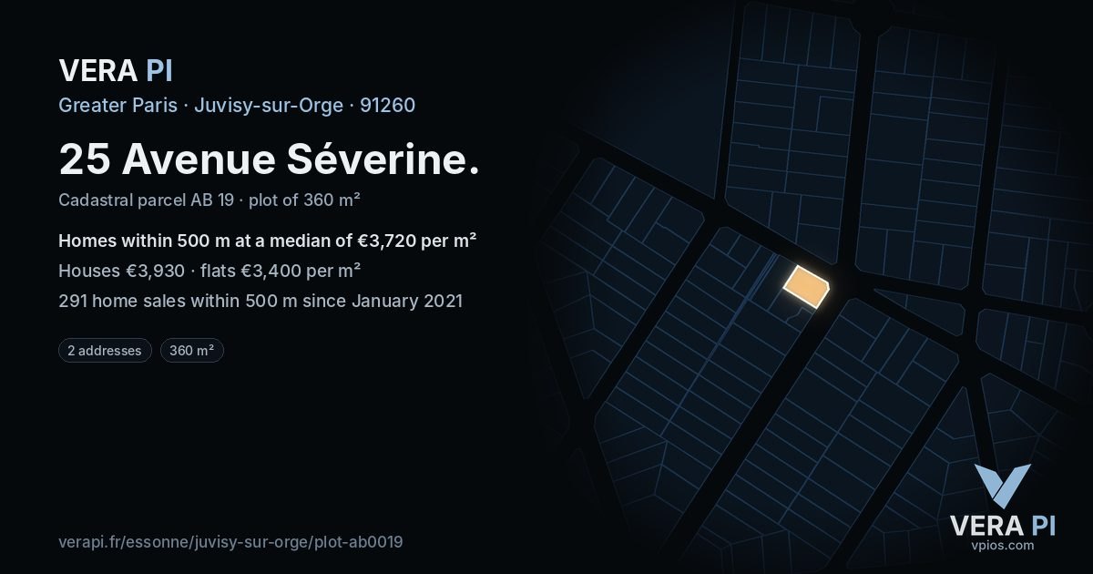 25 Avenue Séverine, Juvisy-sur-Orge at night – the plot lit, the parcels around coloured by the prices near them