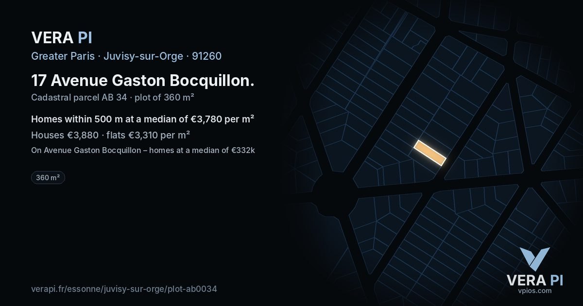 17 Avenue Gaston Bocquillon, Juvisy-sur-Orge at night – the plot lit, the parcels around coloured by the prices near them