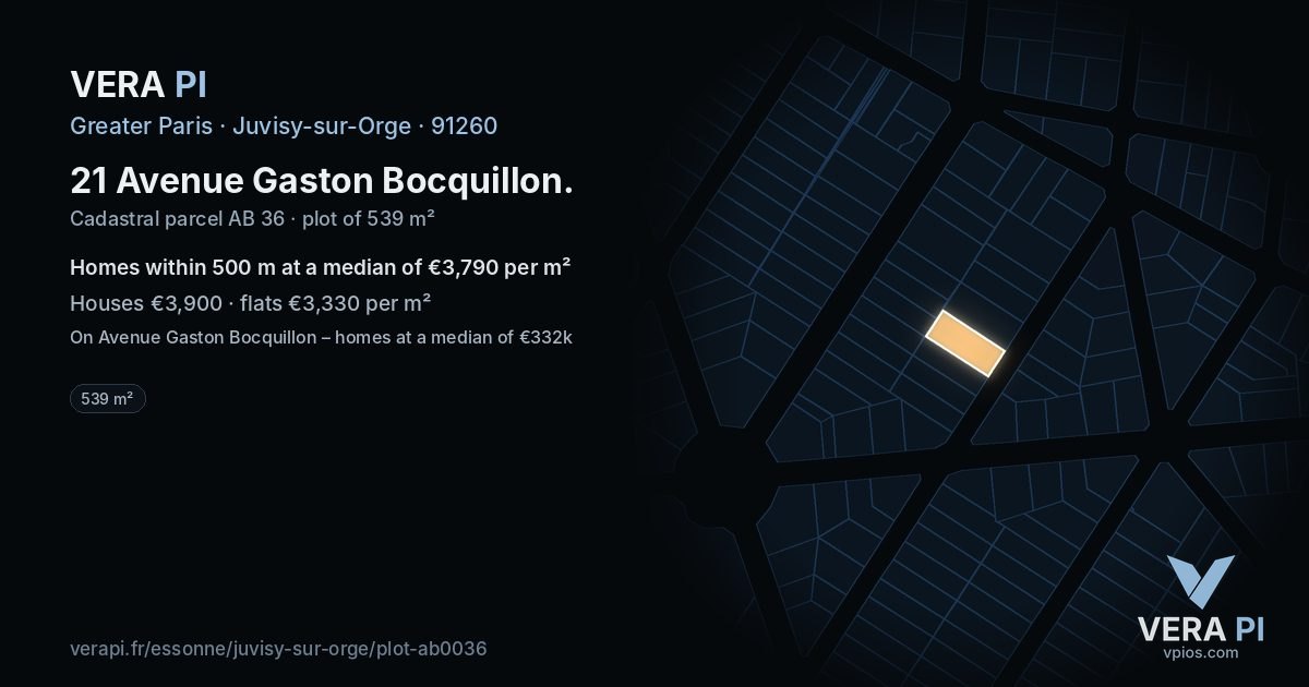 21 Avenue Gaston Bocquillon, Juvisy-sur-Orge at night – the plot lit, the parcels around coloured by the prices near them
