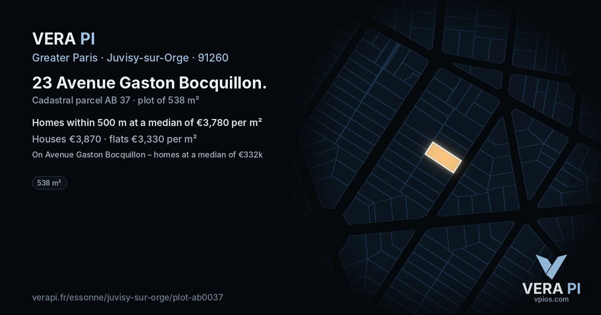 23 Avenue Gaston Bocquillon, Juvisy-sur-Orge at night – the plot lit, the parcels around coloured by the prices near them