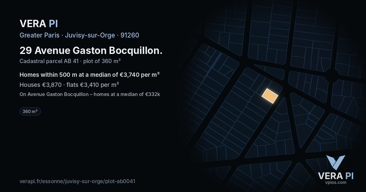29 Avenue Gaston Bocquillon, Juvisy-sur-Orge at night – the plot lit, the parcels around coloured by the prices near them
