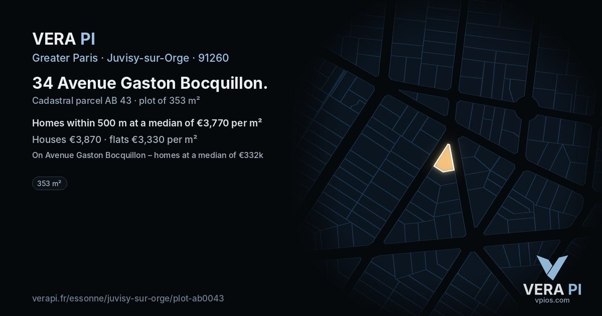 34 Avenue Gaston Bocquillon, Juvisy-sur-Orge at night – the plot lit, the parcels around coloured by the prices near them