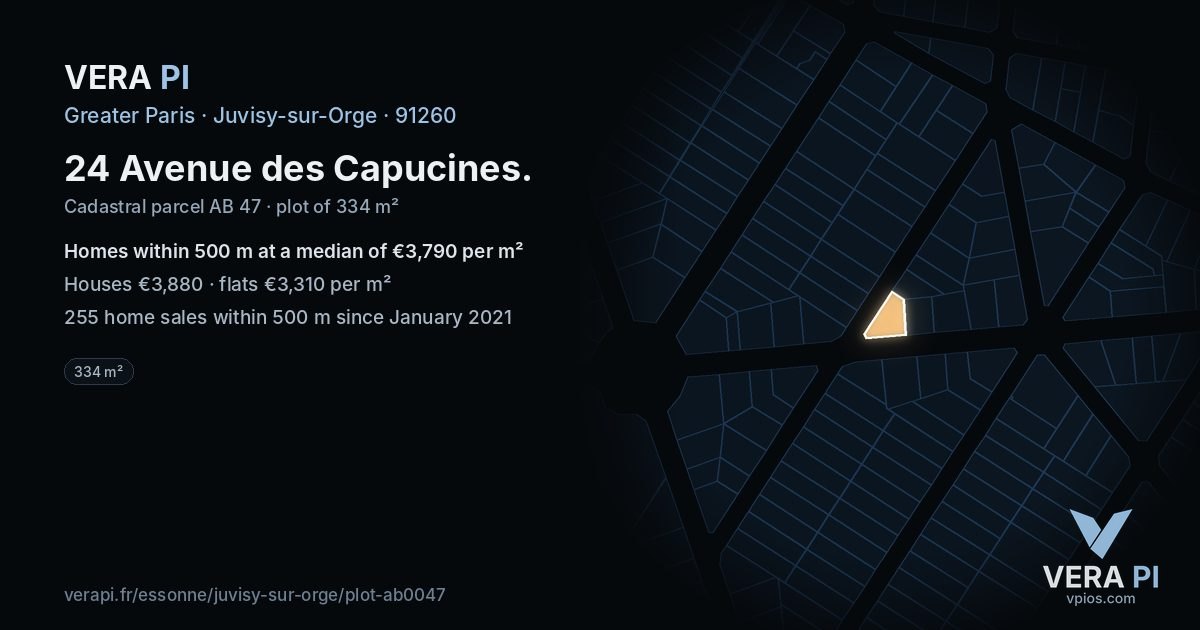 24 Avenue des Capucines, Juvisy-sur-Orge at night – the plot lit, the parcels around coloured by the prices near them