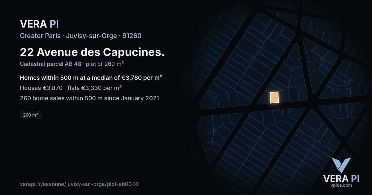 22 Avenue des Capucines, Juvisy-sur-Orge at night – the plot lit, the parcels around coloured by the prices near them