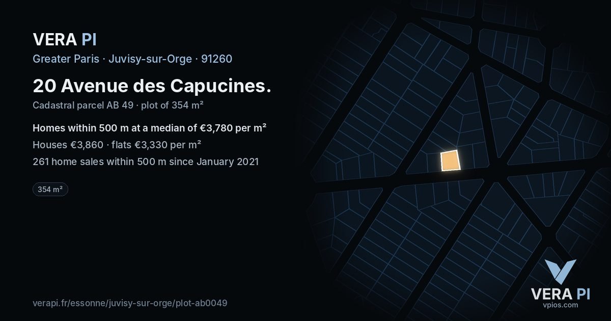 20 Avenue des Capucines, Juvisy-sur-Orge at night – the plot lit, the parcels around coloured by the prices near them