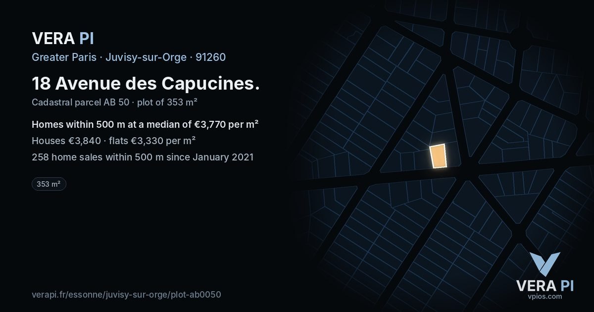 18 Avenue des Capucines, Juvisy-sur-Orge at night – the plot lit, the parcels around coloured by the prices near them