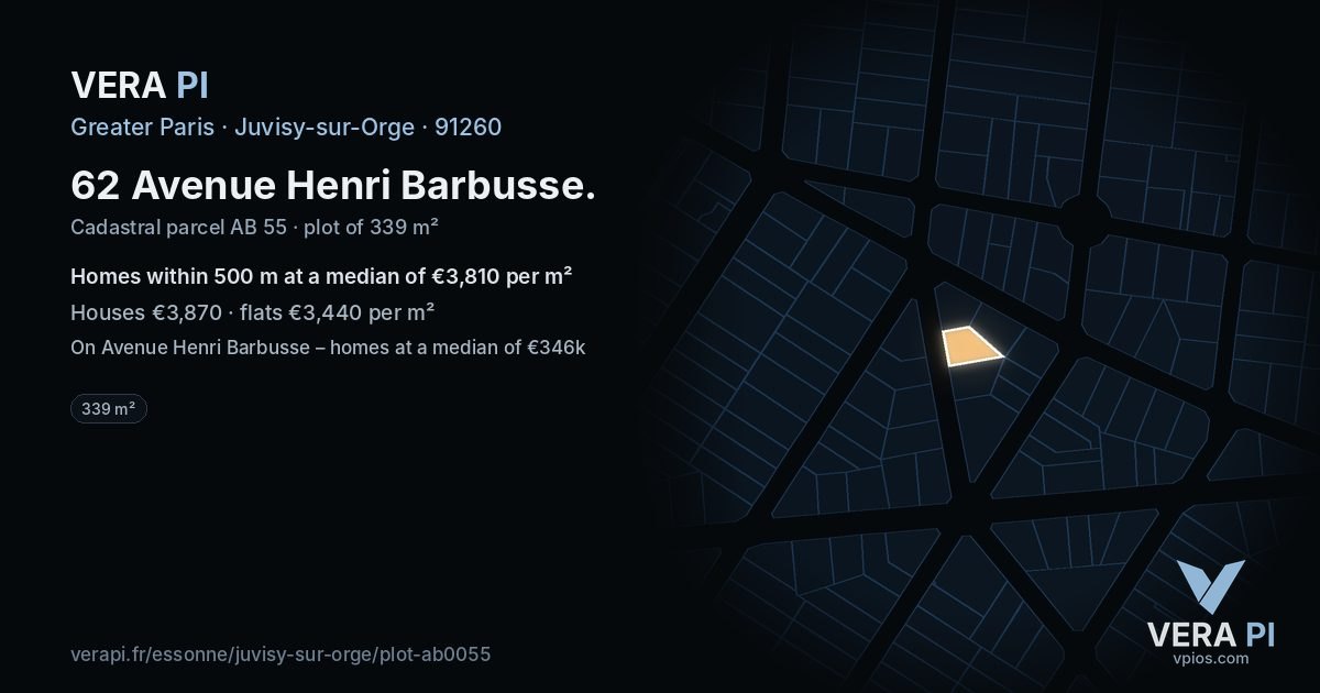 62 Avenue Henri Barbusse, Juvisy-sur-Orge at night – the plot lit, the parcels around coloured by the prices near them