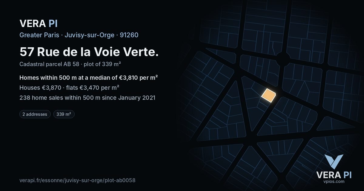 57 Rue de la Voie Verte, Juvisy-sur-Orge at night – the plot lit, the parcels around coloured by the prices near them