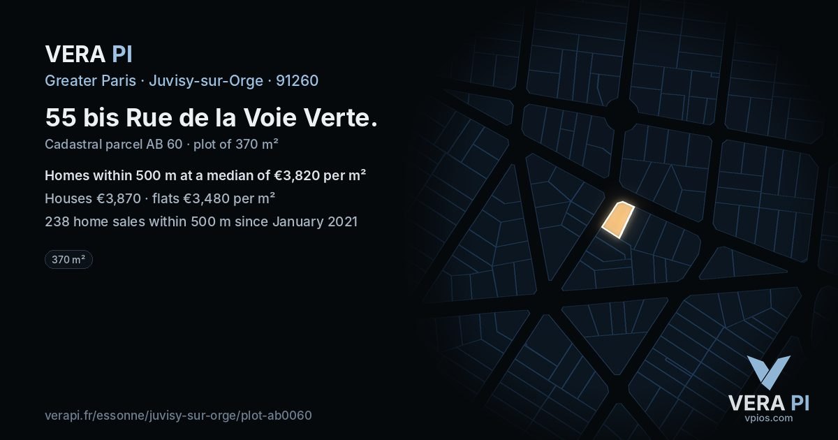 55 bis Rue de la Voie Verte, Juvisy-sur-Orge at night – the plot lit, the parcels around coloured by the prices near them