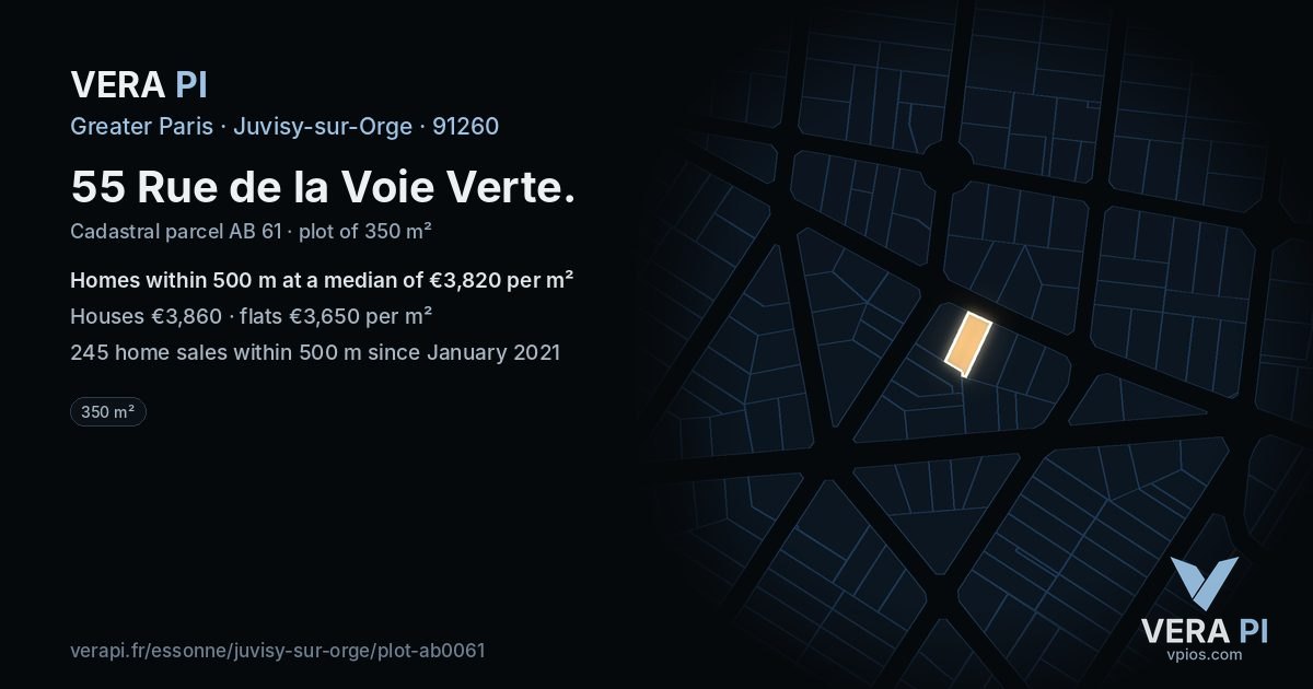 55 Rue de la Voie Verte, Juvisy-sur-Orge at night – the plot lit, the parcels around coloured by the prices near them