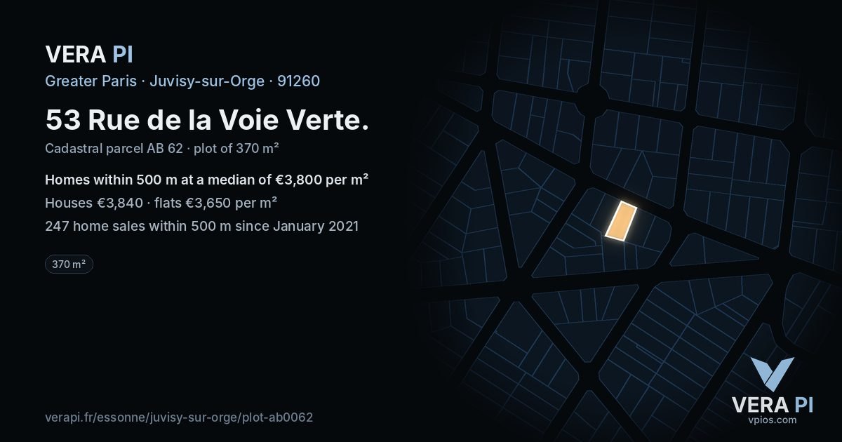 53 Rue de la Voie Verte, Juvisy-sur-Orge at night – the plot lit, the parcels around coloured by the prices near them