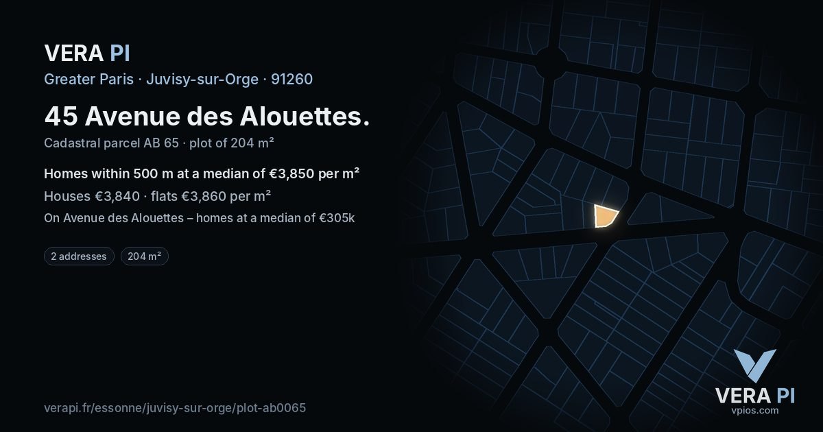 45 Avenue des Alouettes, Juvisy-sur-Orge at night – the plot lit, the parcels around coloured by the prices near them