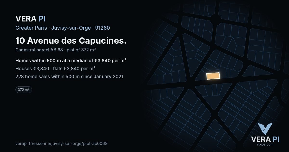10 Avenue des Capucines, Juvisy-sur-Orge at night – the plot lit, the parcels around coloured by the prices near them