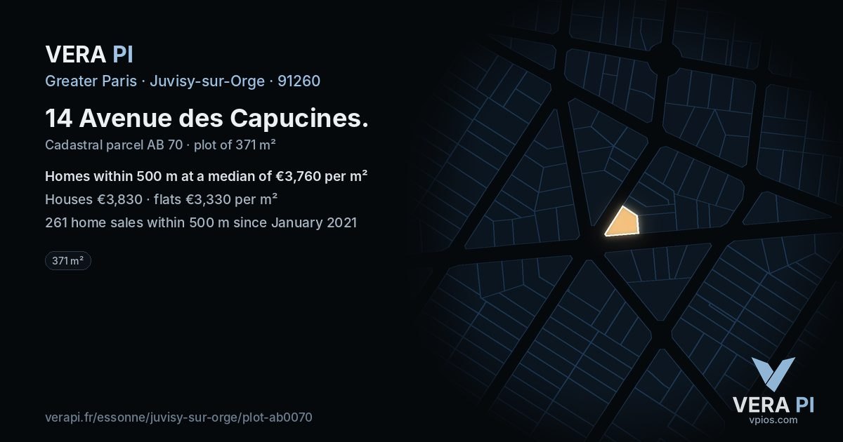 14 Avenue des Capucines, Juvisy-sur-Orge at night – the plot lit, the parcels around coloured by the prices near them