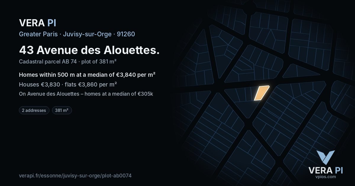 43 Avenue des Alouettes, Juvisy-sur-Orge at night – the plot lit, the parcels around coloured by the prices near them