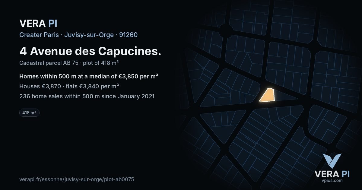 4 Avenue des Capucines, Juvisy-sur-Orge at night – the plot lit, the parcels around coloured by the prices near them