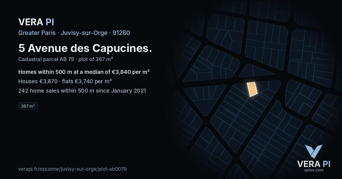 5 Avenue des Capucines, Juvisy-sur-Orge at night – the plot lit, the parcels around coloured by the prices near them