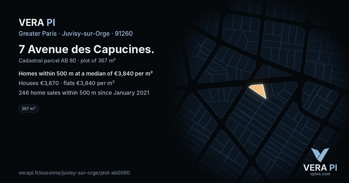 7 Avenue des Capucines, Juvisy-sur-Orge at night – the plot lit, the parcels around coloured by the prices near them