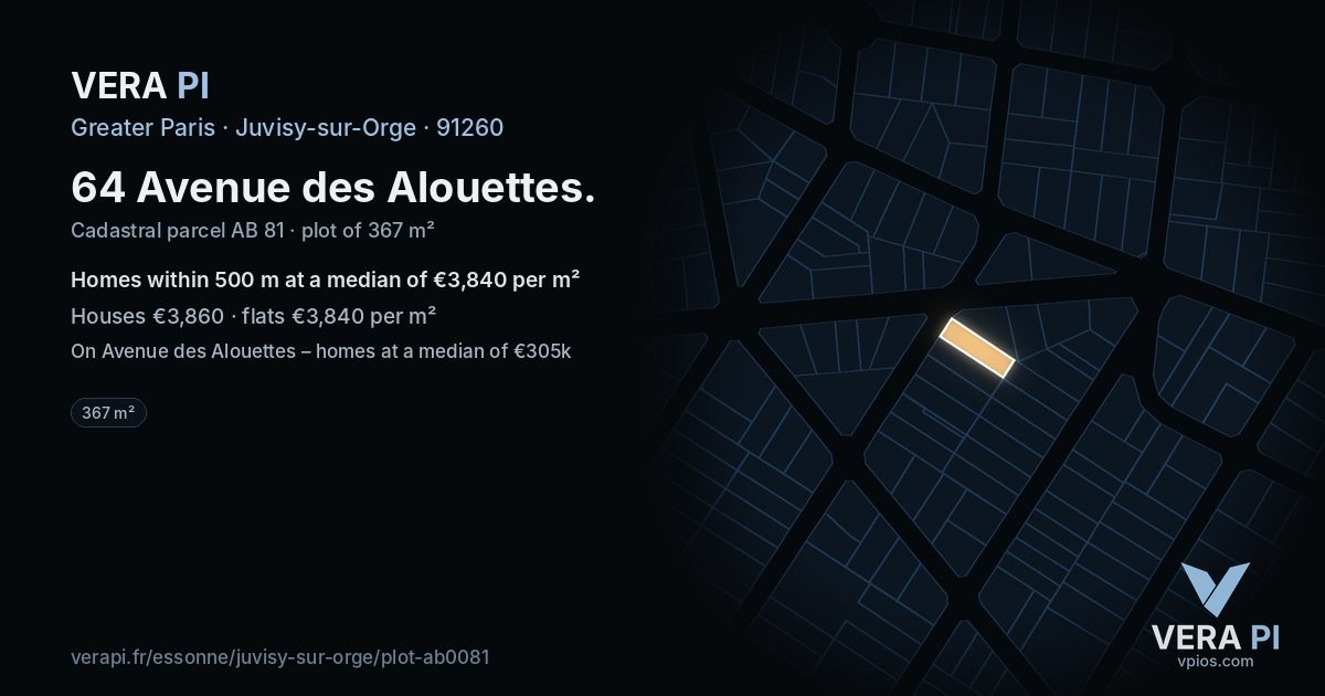 64 Avenue des Alouettes, Juvisy-sur-Orge at night – the plot lit, the parcels around coloured by the prices near them