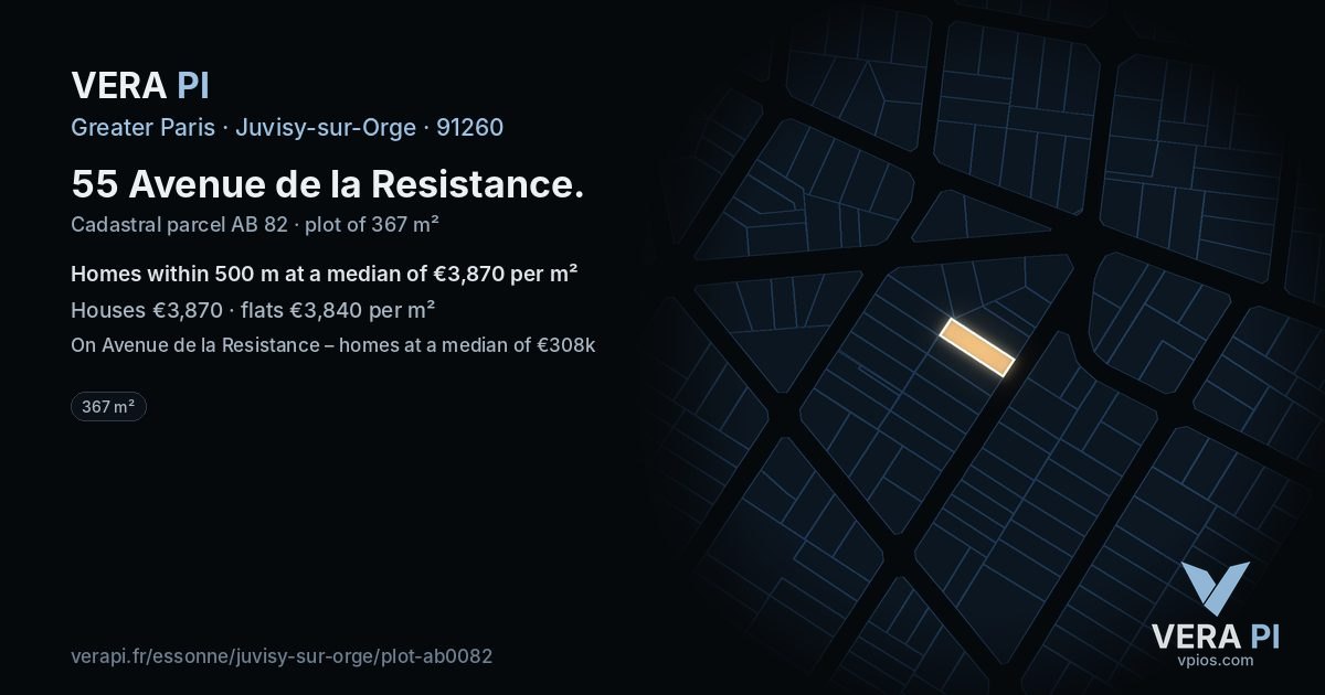 55 Avenue de la Resistance, Juvisy-sur-Orge at night – the plot lit, the parcels around coloured by the prices near them