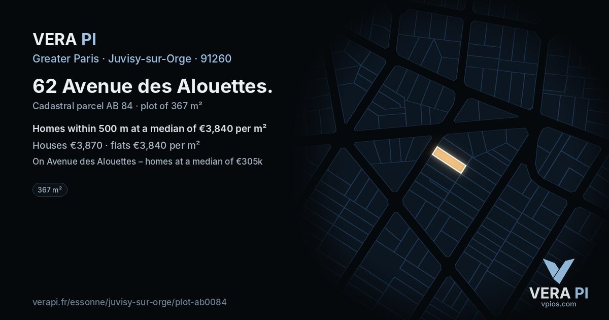 62 Avenue des Alouettes, Juvisy-sur-Orge at night – the plot lit, the parcels around coloured by the prices near them