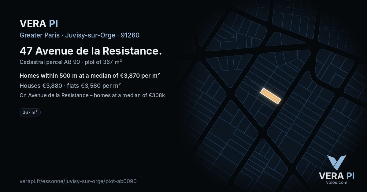 47 Avenue de la Resistance, Juvisy-sur-Orge at night – the plot lit, the parcels around coloured by the prices near them