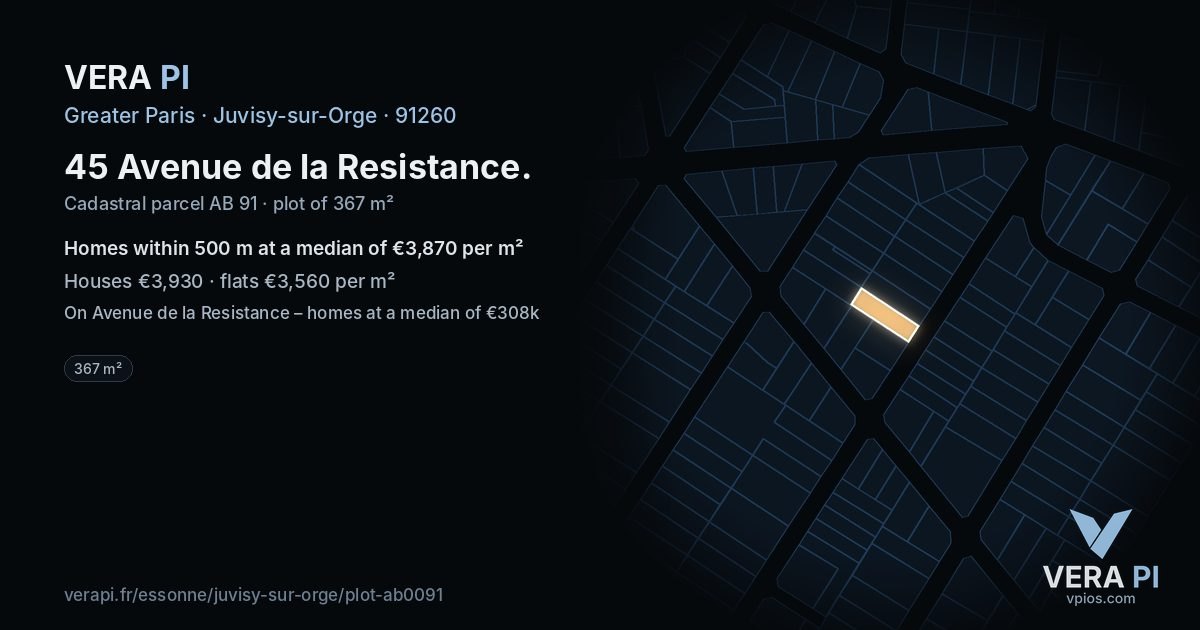 45 Avenue de la Resistance, Juvisy-sur-Orge at night – the plot lit, the parcels around coloured by the prices near them