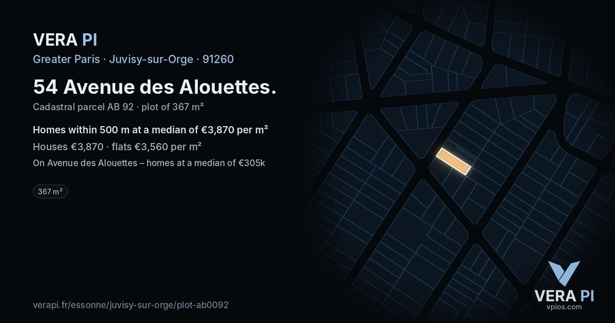 54 Avenue des Alouettes, Juvisy-sur-Orge at night – the plot lit, the parcels around coloured by the prices near them