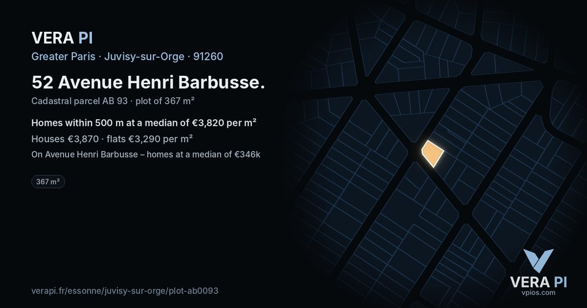 52 Avenue Henri Barbusse, Juvisy-sur-Orge at night – the plot lit, the parcels around coloured by the prices near them