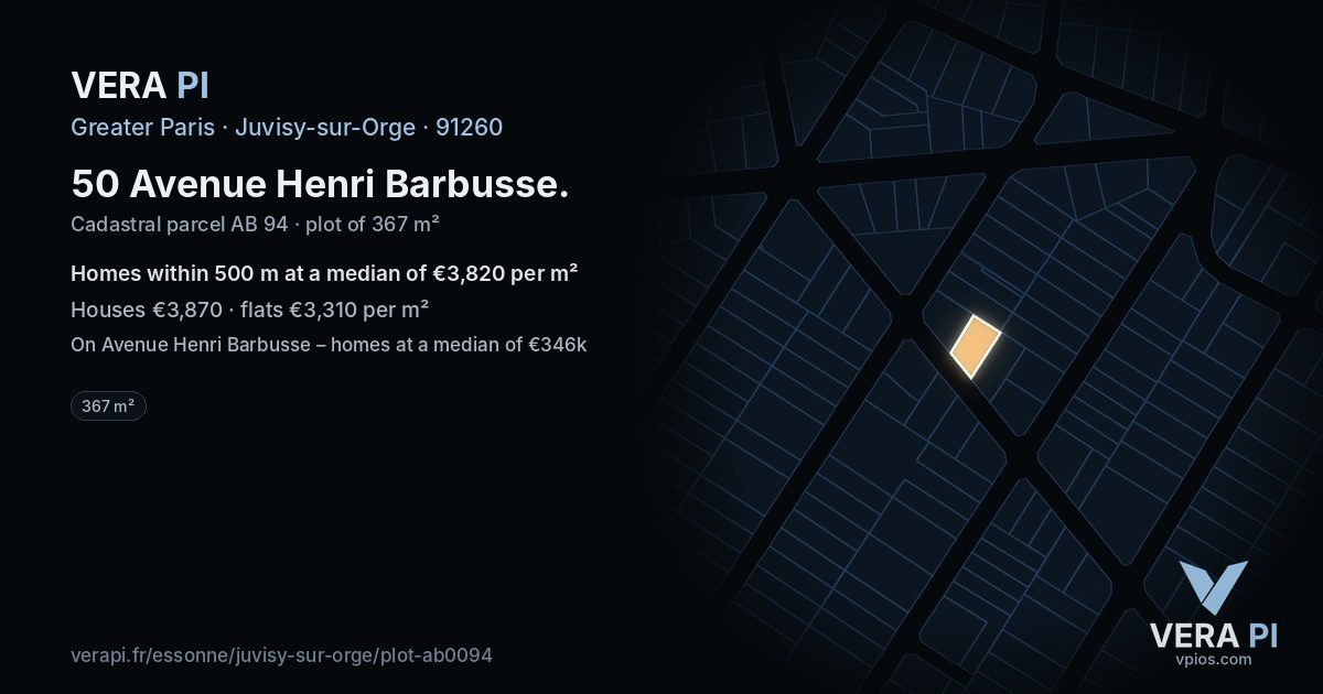 50 Avenue Henri Barbusse, Juvisy-sur-Orge at night – the plot lit, the parcels around coloured by the prices near them