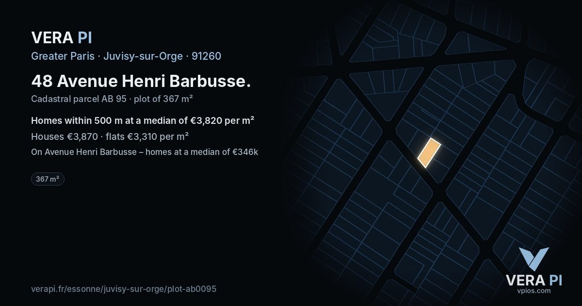 48 Avenue Henri Barbusse, Juvisy-sur-Orge at night – the plot lit, the parcels around coloured by the prices near them