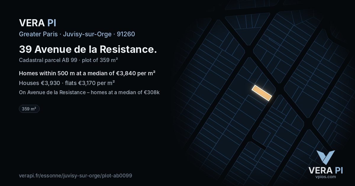 39 Avenue de la Resistance, Juvisy-sur-Orge at night – the plot lit, the parcels around coloured by the prices near them