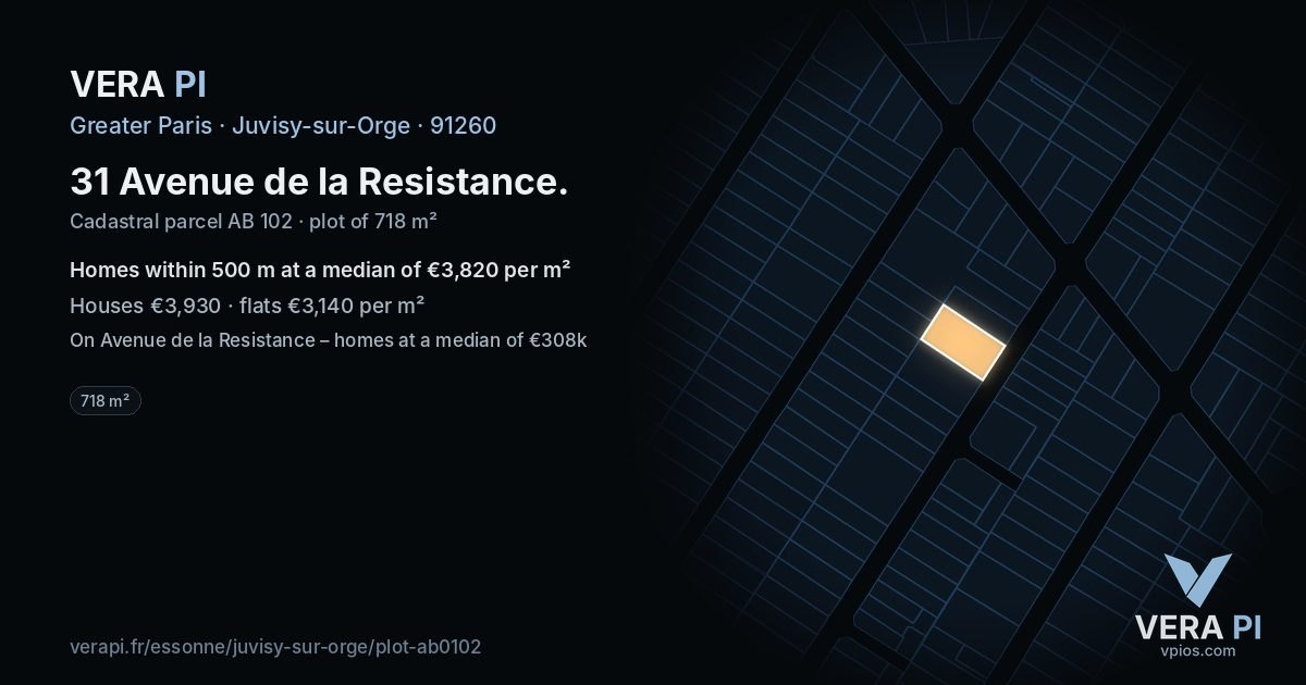 31 Avenue de la Resistance, Juvisy-sur-Orge at night – the plot lit, the parcels around coloured by the prices near them