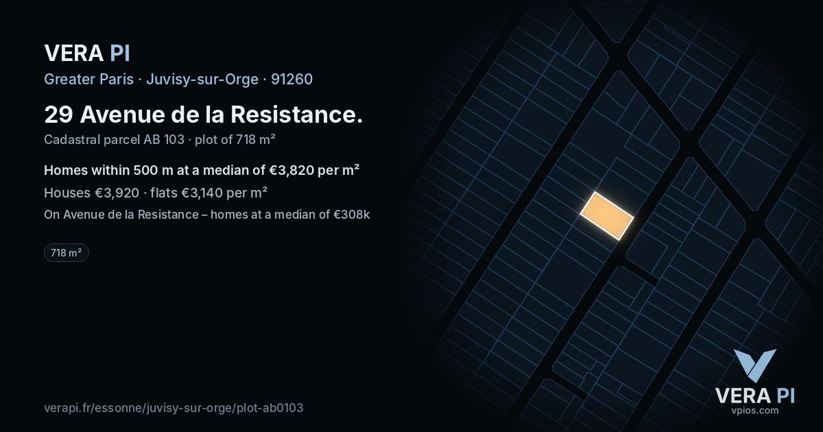 29 Avenue de la Resistance, Juvisy-sur-Orge at night – the plot lit, the parcels around coloured by the prices near them