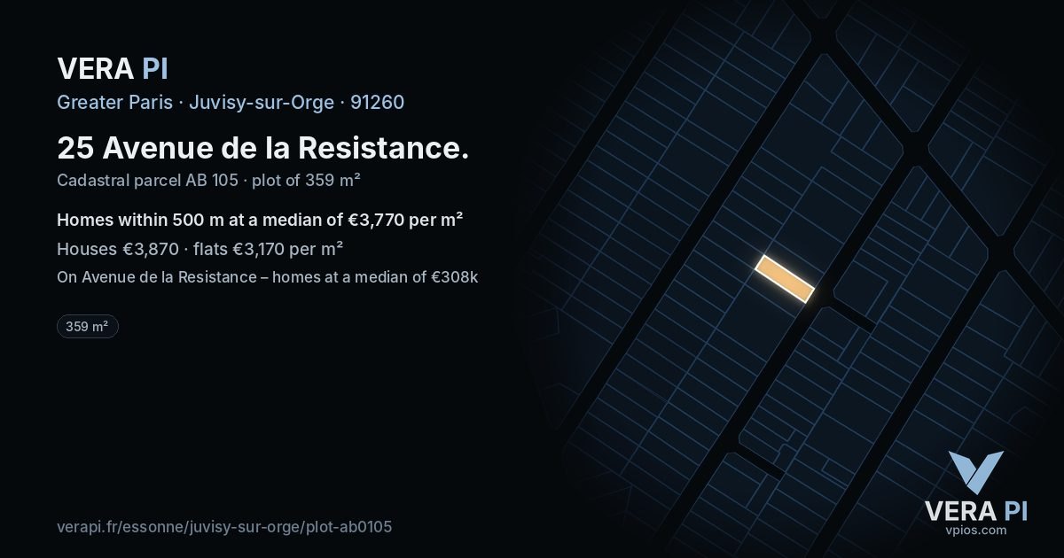 25 Avenue de la Resistance, Juvisy-sur-Orge at night – the plot lit, the parcels around coloured by the prices near them