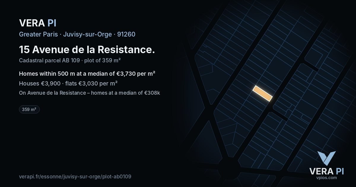 15 Avenue de la Resistance, Juvisy-sur-Orge at night – the plot lit, the parcels around coloured by the prices near them