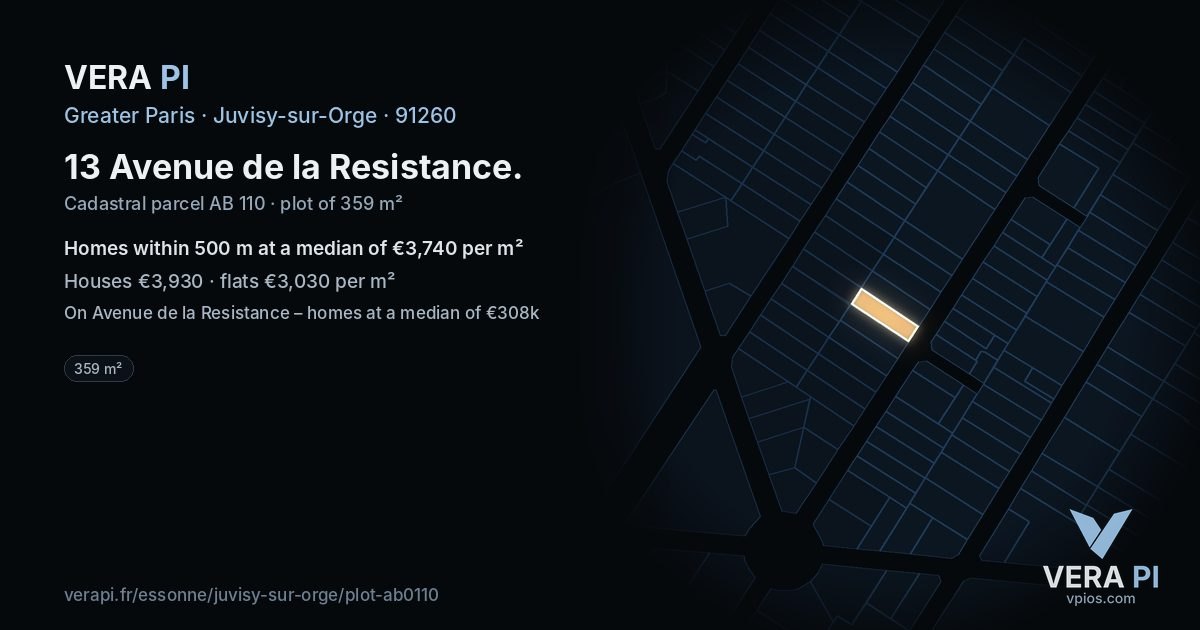 13 Avenue de la Resistance, Juvisy-sur-Orge at night – the plot lit, the parcels around coloured by the prices near them