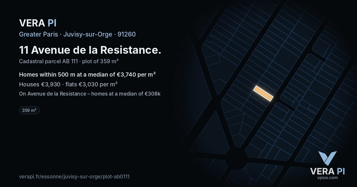 11 Avenue de la Resistance, Juvisy-sur-Orge at night – the plot lit, the parcels around coloured by the prices near them
