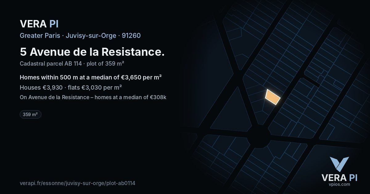 5 Avenue de la Resistance, Juvisy-sur-Orge at night – the plot lit, the parcels around coloured by the prices near them