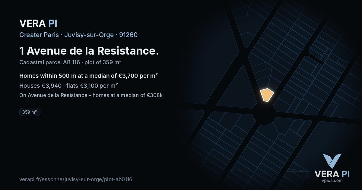 1 Avenue de la Resistance, Juvisy-sur-Orge at night – the plot lit, the parcels around coloured by the prices near them