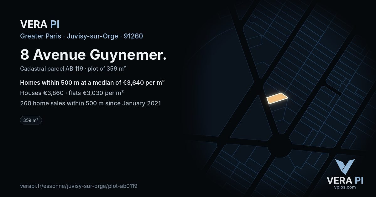 8 Avenue Guynemer, Juvisy-sur-Orge at night – the plot lit, the parcels around coloured by the prices near them
