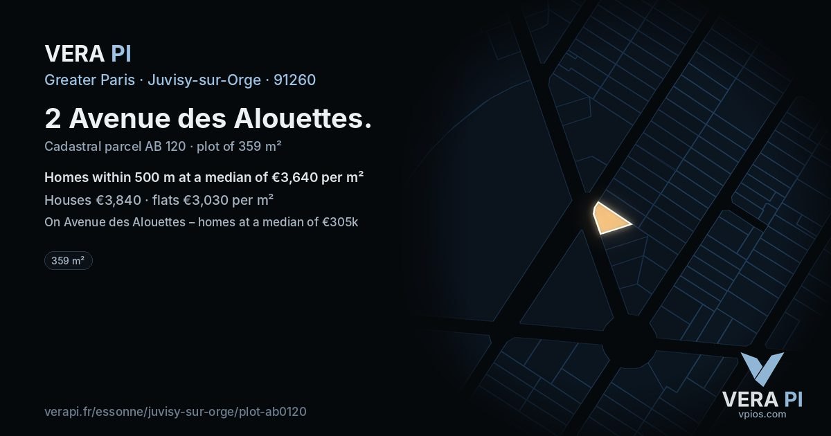 2 Avenue des Alouettes, Juvisy-sur-Orge at night – the plot lit, the parcels around coloured by the prices near them
