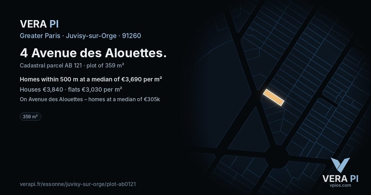 4 Avenue des Alouettes, Juvisy-sur-Orge at night – the plot lit, the parcels around coloured by the prices near them